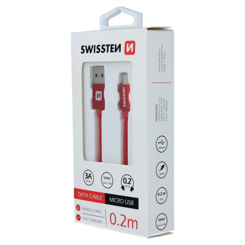 Textilný dátový kábel Swissten USB / MICRO USB 0,2 M - červený